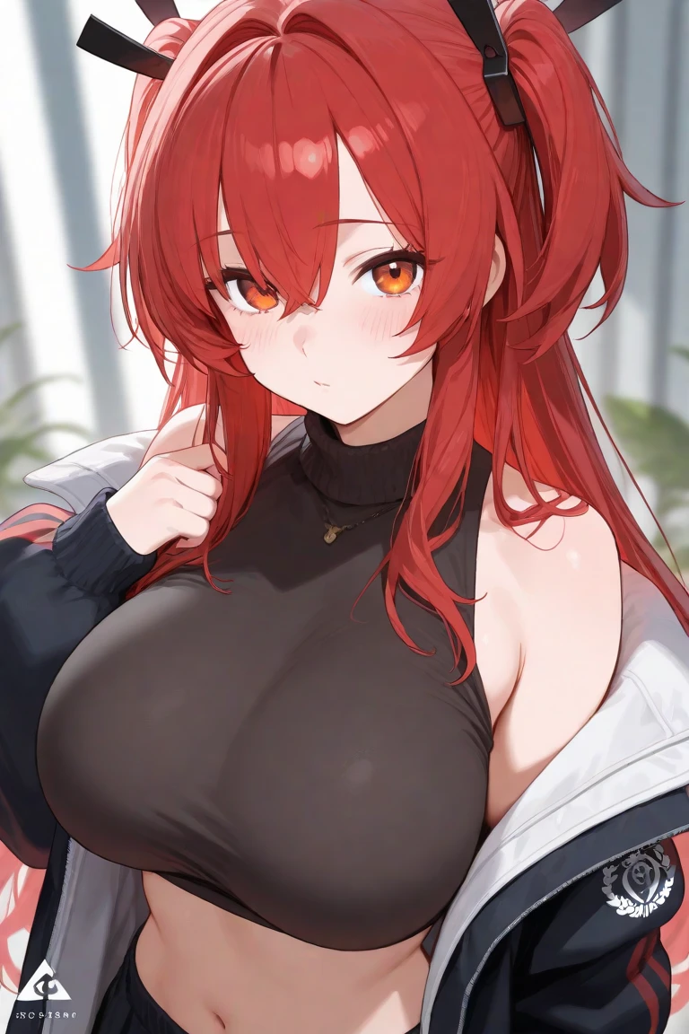 (day),Outdoors,a tree with a sky background ,a blue sky with clouds,
Standing at attention, black bodysuit, cleavage,
red_hair,short_hair, yellow eyes,bangs,
1 girl, 20yo,Young female,Beautiful Finger,Beautiful long legs,Beautiful body,Beautiful Nose,Beautiful character design, perfect eyes, perfect face,expressive eyes,
looking at viewer, (Upper_body),(half body shot),
official art,extremely detailed CG unity 8k wallpaper, perfect lighting,Colorful, Bright_Front_face_Lighting,shiny skin,
(masterpiece:1.0),(best_quality:1.0), ultra high res,4K,ultra-detailed,
photography, 8K, HDR, highres, absurdres:1.2, Kodak portra 400, film grain, blurry background, bokeh:1.2, lens flare, (vibrant_color:1.2)
(Beautiful,large_Breasts:1.4), (beautiful_face:1.5),(narrow_waist),