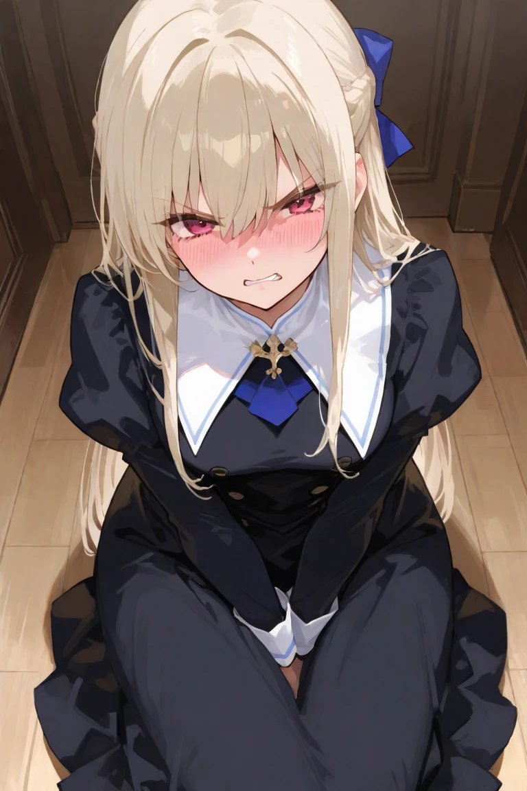 scared character sitting on the floor in dark room, knees up, legs_together, hugging own legs, crossed arms, 1girl, gold hair, (asymmetrical bangs, single braid:1.3), squinted eyes, constricted pupils, crying tears of blood, despair, lights are off, unlit room, shadows, moody atmosphere, finely detailed background, amazing background