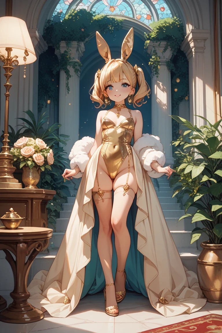 "A beautiful Russian bunny girl, wearing a stylish and warm bunny outfit. She has long blonde hair styled in elegant waves, piercing blue eyes, and a confident smile. The outfit includes a fur-trimmed corset with traditional Russian patterns in red and gold, matching high heels, and a pair of fluffy white bunny ears adorned with a small ushanka hat. She is holding a traditional Russian nesting doll. She is standing in a grand Russian ballroom with crystal chandeliers, ornate columns, and a view of the snowy landscape outside. The atmosphere is majestic and opulent, capturing the essence of Russian culture."