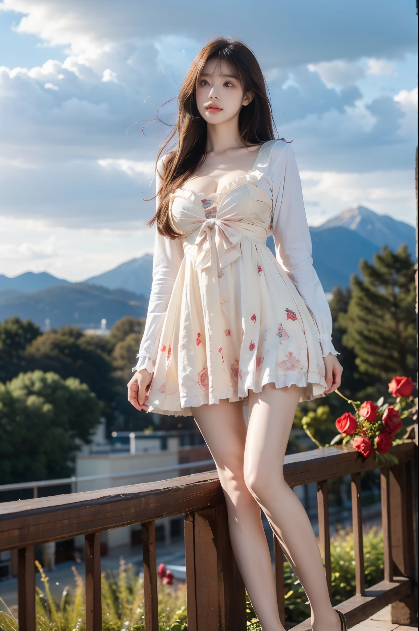 cyb dress, white shirt, pinafore dress, print dress ,,(knee shot:1.4), (from below:1.3), A beautiful young woman standing gracefully in a garden of red roses at sunset, The rose as the foreground, the character as the middle scene, (Full bust, visible cleavage, very short hemline), her long hair flowing gently in the wind, soft and warm golden hour lighting illuminating her figure, dreamy atmosphere, romantic mood, cinematic background with distant mountains and cloudy sky, ultra realistic, high detail, delicate facial features, soft shadows, bokeh, 8k, masterpiece