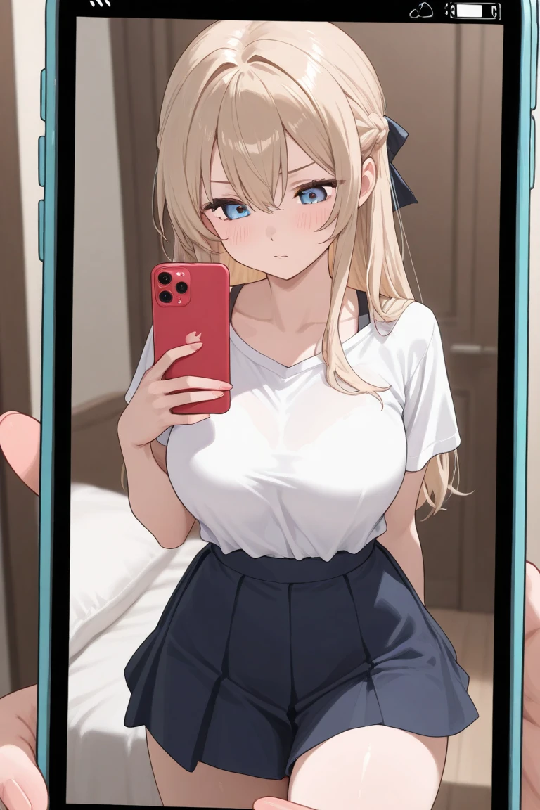 ((highest quality)), ((masterpiece)), (become familiar with), perfect face,blonde,medium hair,grated bangs,eyes without highlights,Desaturated, dark green eyes,Drooping eyes,grinning,look down,tall,big breasts,Rubbing your chest with selfie,off shoulder knit,black panties,black pumps,slender,19 years old,Show the whole body,Reflection to the toes,Bedroom,