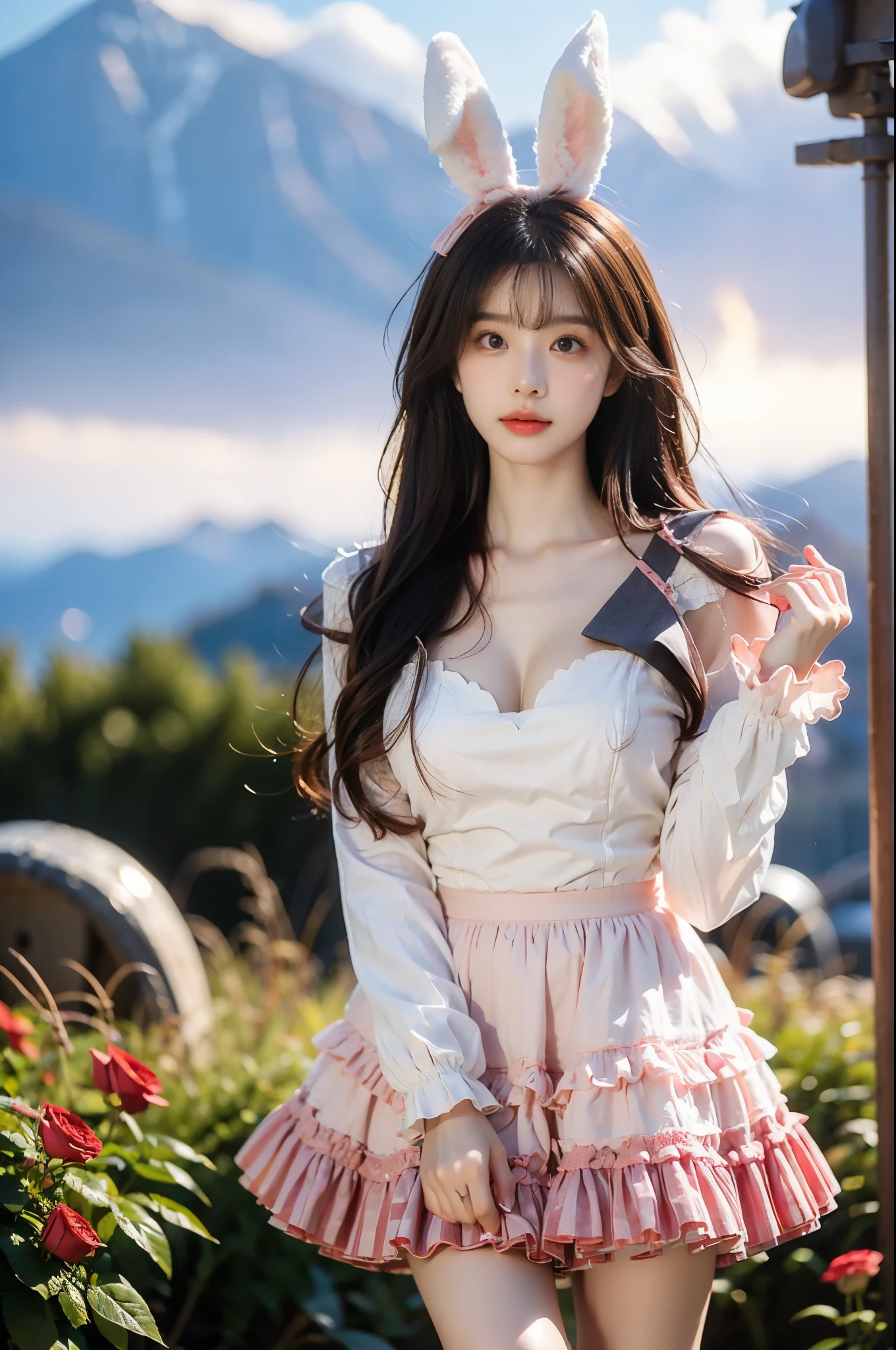 cyb dress, frilled dress, layered dress, long sleeves, rabbit ears, hair bow ,,(knee shot:1.4), (from below:1.3), A beautiful young woman standing gracefully in a garden of red roses at sunset, The rose as the foreground, the character as the middle scene, (Full bust, visible cleavage, very short hemline), her long hair flowing gently in the wind, soft and warm golden hour lighting illuminating her figure, dreamy atmosphere, romantic mood, cinematic background with distant mountains and cloudy sky, ultra realistic, high detail, delicate facial features, soft shadows, bokeh, 8k, masterpiece