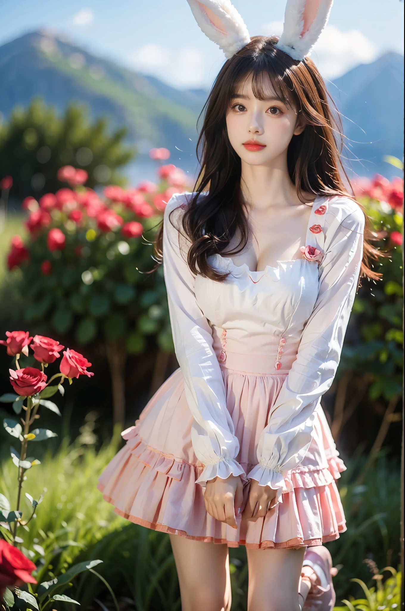 cyb dress, frilled dress, layered dress, long sleeves, rabbit ears, hair bow ,,(knee shot:1.4), (from below:1.3), A beautiful young woman standing gracefully in a garden of red roses at sunset, The rose as the foreground, the character as the middle scene, (Full bust, visible cleavage, very short hemline), her long hair flowing gently in the wind, soft and warm golden hour lighting illuminating her figure, dreamy atmosphere, romantic mood, cinematic background with distant mountains and cloudy sky, ultra realistic, high detail, delicate facial features, soft shadows, bokeh, 8k, masterpiece