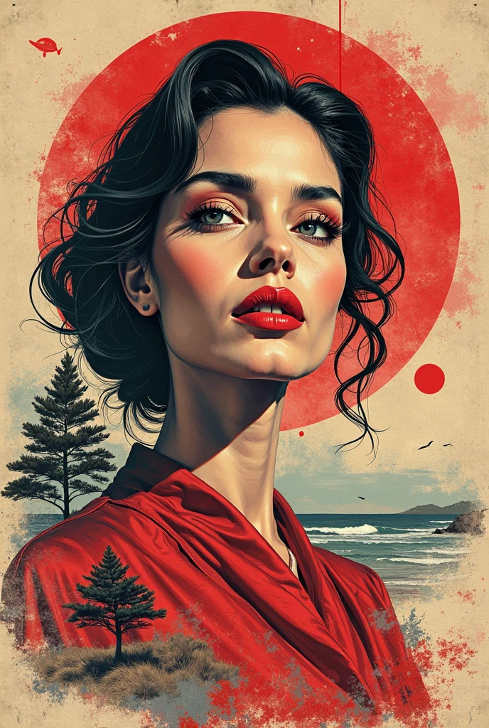 Abstract urban Hip-Hop style advertising poster, modern, feminine, for the "REPUBLIC DAY" detailing with red, aMarillos y morados de Marianne, woman representing La Republica. There are pine trees, romero, Mar, Tuna, dunes, costa