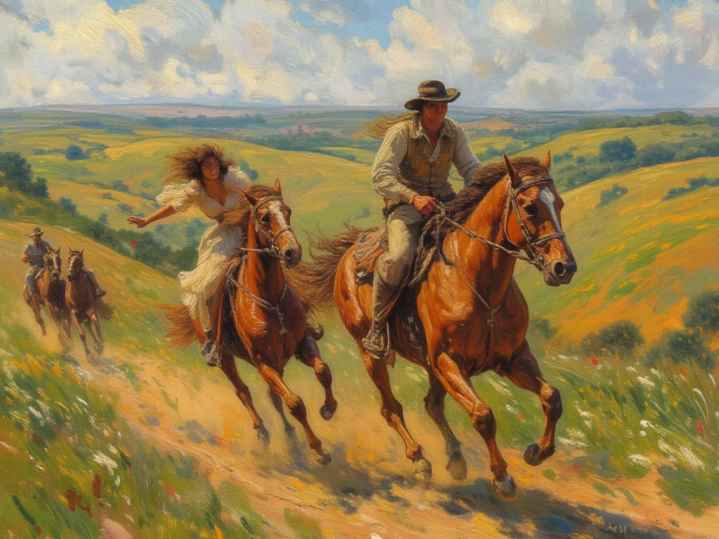 Intense illustration, of Couple husband and wife, riding separate horse, chasing each other, using horses, brown and white horses, very intense riding, in a green savanna