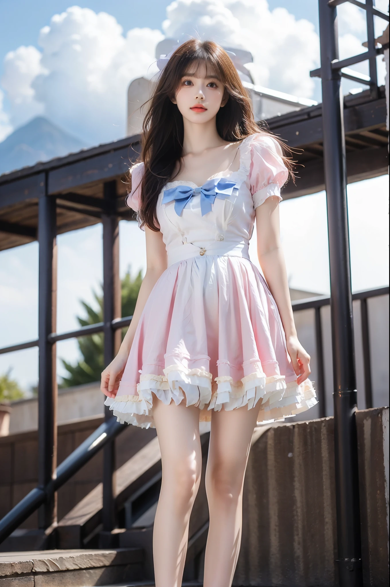 cyb dress, bow, apron, frills, puffy short sleeves, ,,(knee shot:1.4), (from below:1.3), A beautiful young woman standing gracefully in a garden of red roses at sunset, The rose as the foreground, the character as the middle scene, (Full bust, visible cleavage, very short hemline), her long hair flowing gently in the wind, soft and warm golden hour lighting illuminating her figure, dreamy atmosphere, romantic mood, cinematic background with distant mountains and cloudy sky, ultra realistic, high detail, delicate facial features, soft shadows, bokeh, 8k, masterpiece
