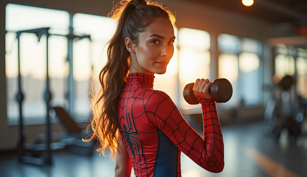 Marvel movies,full body,photo of a 18 year old girl,spiderman,happy,laughing,practicing Gymnastics,pants,ray tracing,detail shadow,shot on Fujifilm X-T4,85mm f1.2,sharp focus,depth of field,blurry background,bokeh,lens flare,motion blur,<lora:add_detail:1>,