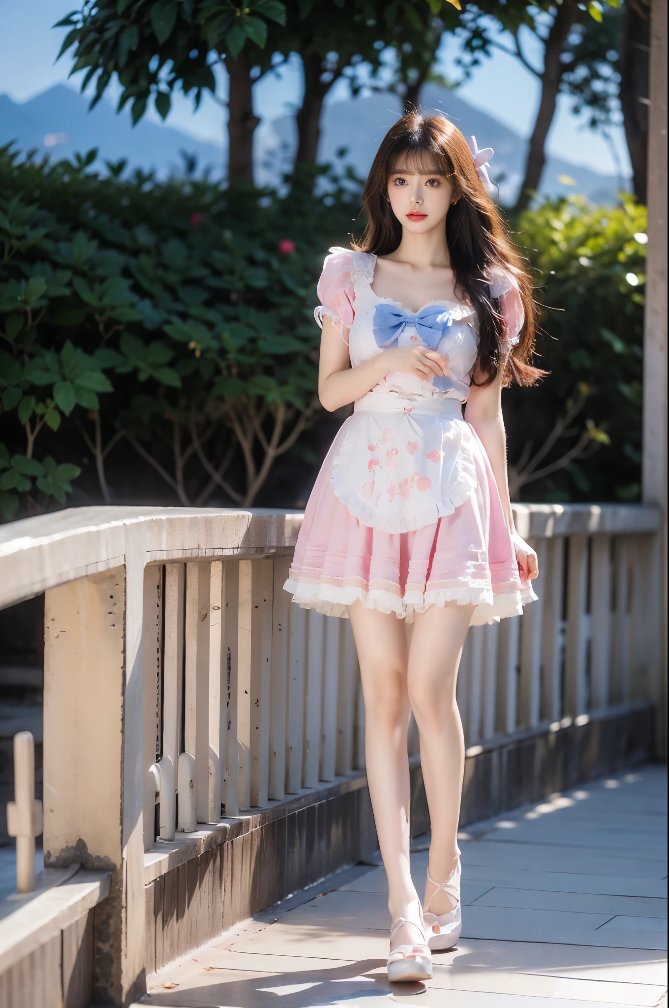 cyb dress, bow, apron, frills, puffy short sleeves, ,,(full body:1.4), (from below:1.3), A beautiful young woman standing gracefully in a garden of red roses at sunset, The rose as the foreground, the character as the middle scene, (Full bust, visible cleavage, very short hemline), her long hair flowing gently in the wind, soft and warm golden hour lighting illuminating her figure, dreamy atmosphere, romantic mood, cinematic background with distant mountains and cloudy sky, ultra realistic, high detail, delicate facial features, soft shadows, bokeh, 8k, masterpiece