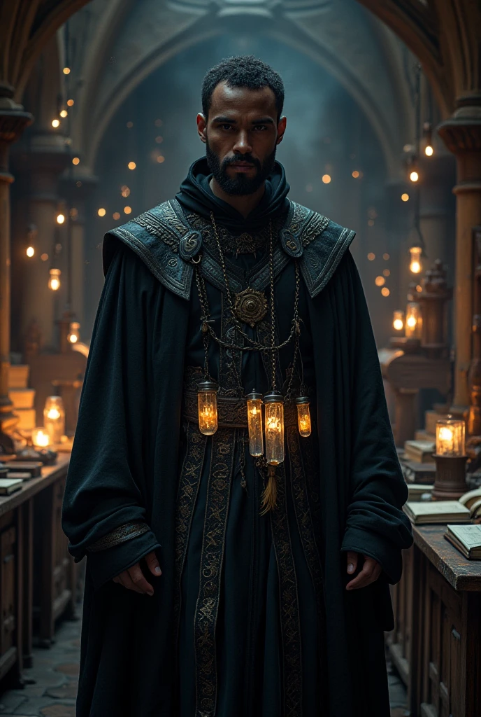 
A dark-skinned male mage from a medieval fantasy world. He wears dark, layered robes with glowing rune patterns. Several slim, glass-like crystal tubes hang from his belt, each containing a glowing light. Behind him, a faint translucent duplicate of his body follows his movements slightly delayed, like an echo. This shows his soul has been transferred or split. He stands in a magical lab with old books, tools, and glowing symbols around him.