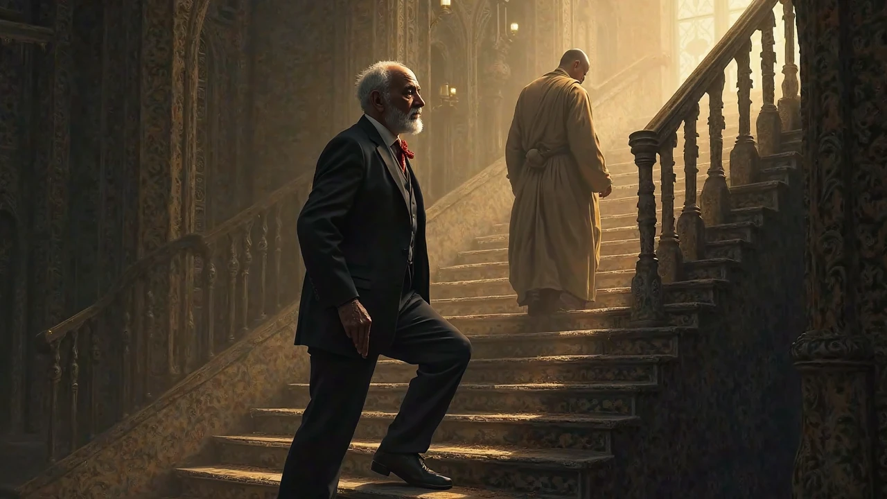 Freud climbs a ladder of self-improvement, while the monk descends a staircase into silence.