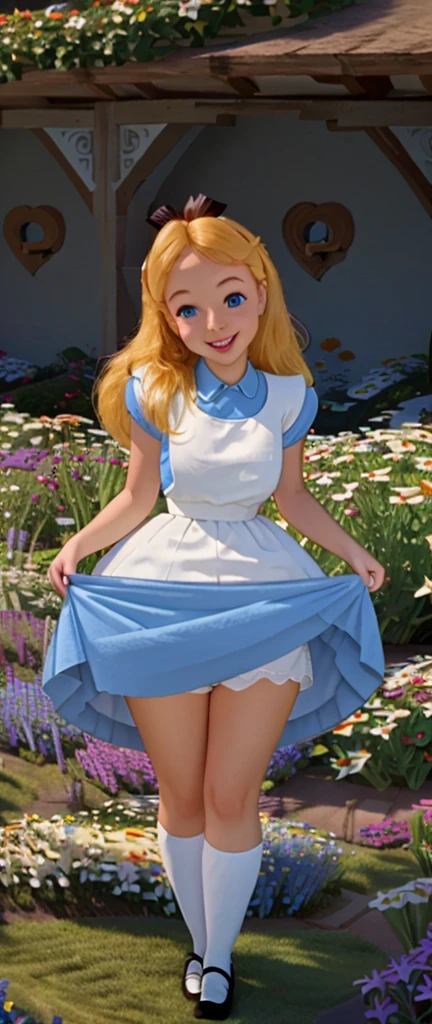 1girl, Alice Liddell, spread legs, portrait, open the crotch, between legs, lifted skirt, standing, flip up the skirt very wide, Panty, showing panties, white panties, panties are very visible , Blue Dress, White Apron, black hairband, 10 years old, young,(masterpiece:1.2), (highest quality:1.2), ((She shyly lifted her skirt Showed panties)) small breasts, looking at viewer, smiling, cute, adorable, (Best Quality, 4K, 8K, High Resolution, Masterpiece: 1.2), Super Detailed, (Realistic, Photorealistic, Photorealistic: 1.37), Detailed Eyes, Detailed Lips, Highly Detailed Face, Long Eyelashes , studio lighting, bright colors,