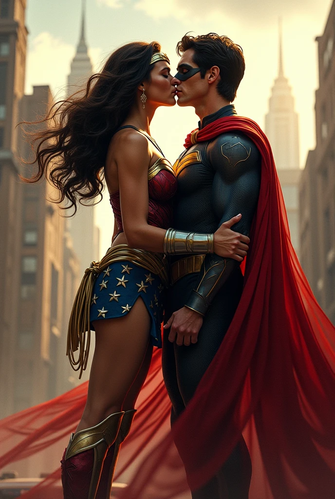 Young boy with hoodie & Star-lord helmet, headphones and tennis Vs. Wonder woman (Big tits), Fight, power, fiction, full body, 2 person, Romance, Kiss, Embrace
