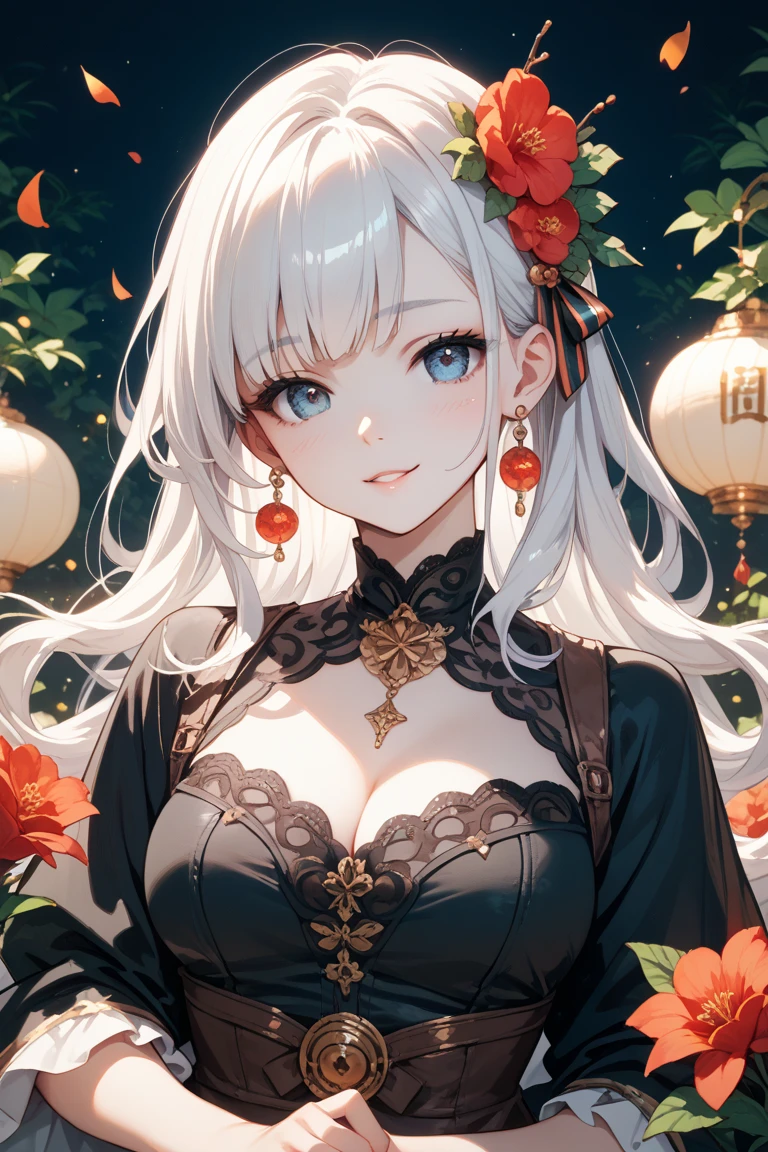 (masterpiece),(best quality), (fantasy:1.4), Surrealism, shadow, Relief, Stereogram, Atmospheric perspective, 8K, Super Detail,A moon, Yellow flowers , Paper_cut, 1 Girl,Upper Body,Fashion Girl,cheongsam,Chinese clothes,Hair accessories,(Glowing skin),Red lips,Looking at the audience,Large Breasts,Open your mouth, Solitary, (White hair, Long hair), Perfect face and glasses, Glowing light particles, Dynamic Angle,