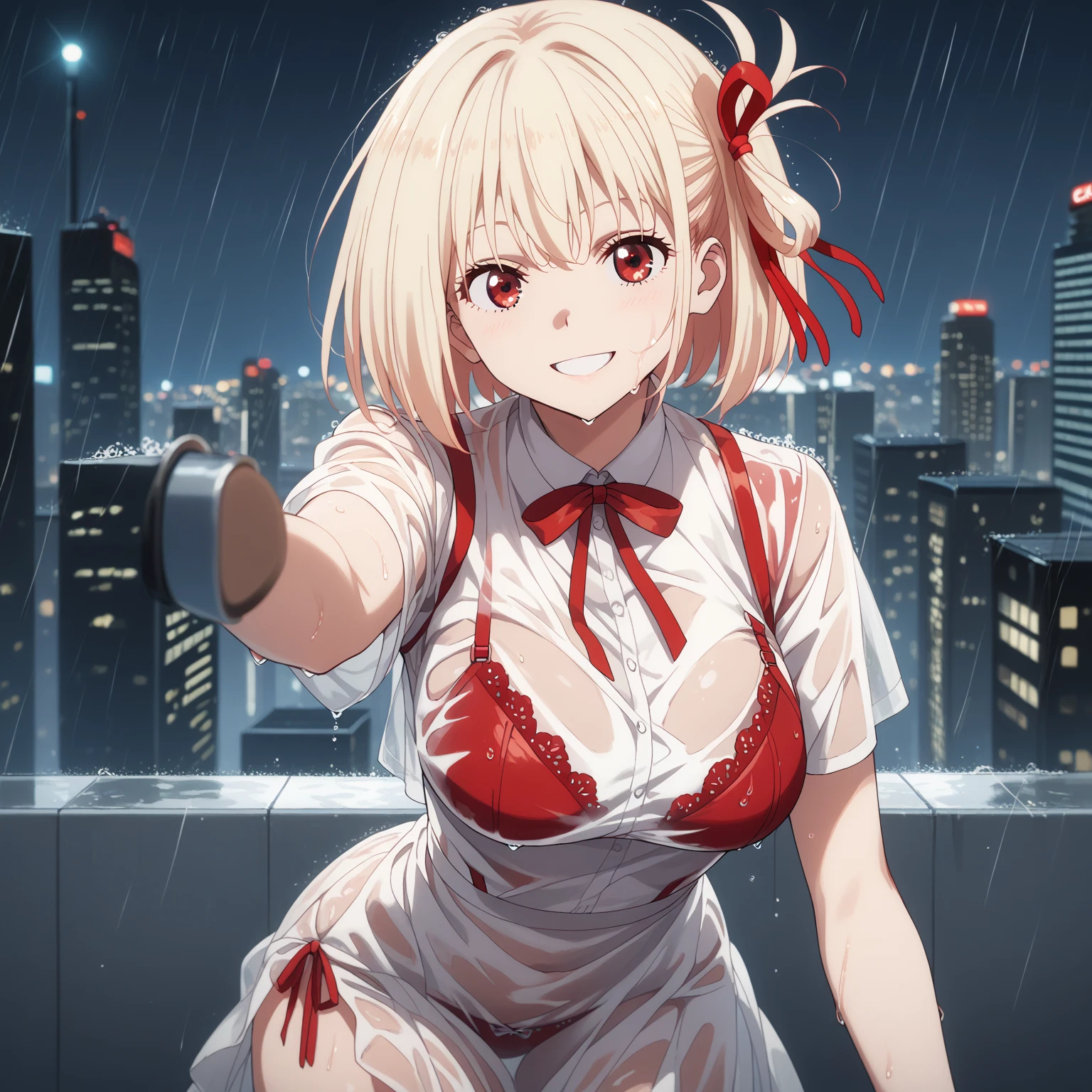 masterpiece, best quality,1girl, solo, bangs, left hair ribbon, (small breasts:1.4), red eyes, short hair, smile, solo, white hair, (Strapless:1.1), (off-the-shoulder:1.1), (cowboy shot:1.2),  <hypernet:lycorisRecoil_chisato10:0.8>, city, (uniform:1.2), (partially_unbuttoned:1.1), (Externally expanded Chest:1.2), skirt, (bent over:1.2),