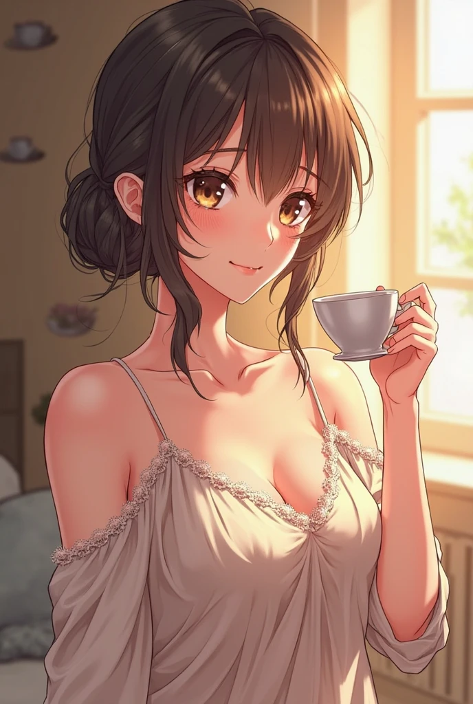 1girl, morning, hold a coffee mug, from side, cute smile, sleep wear, cleavage, window, bra, comfy