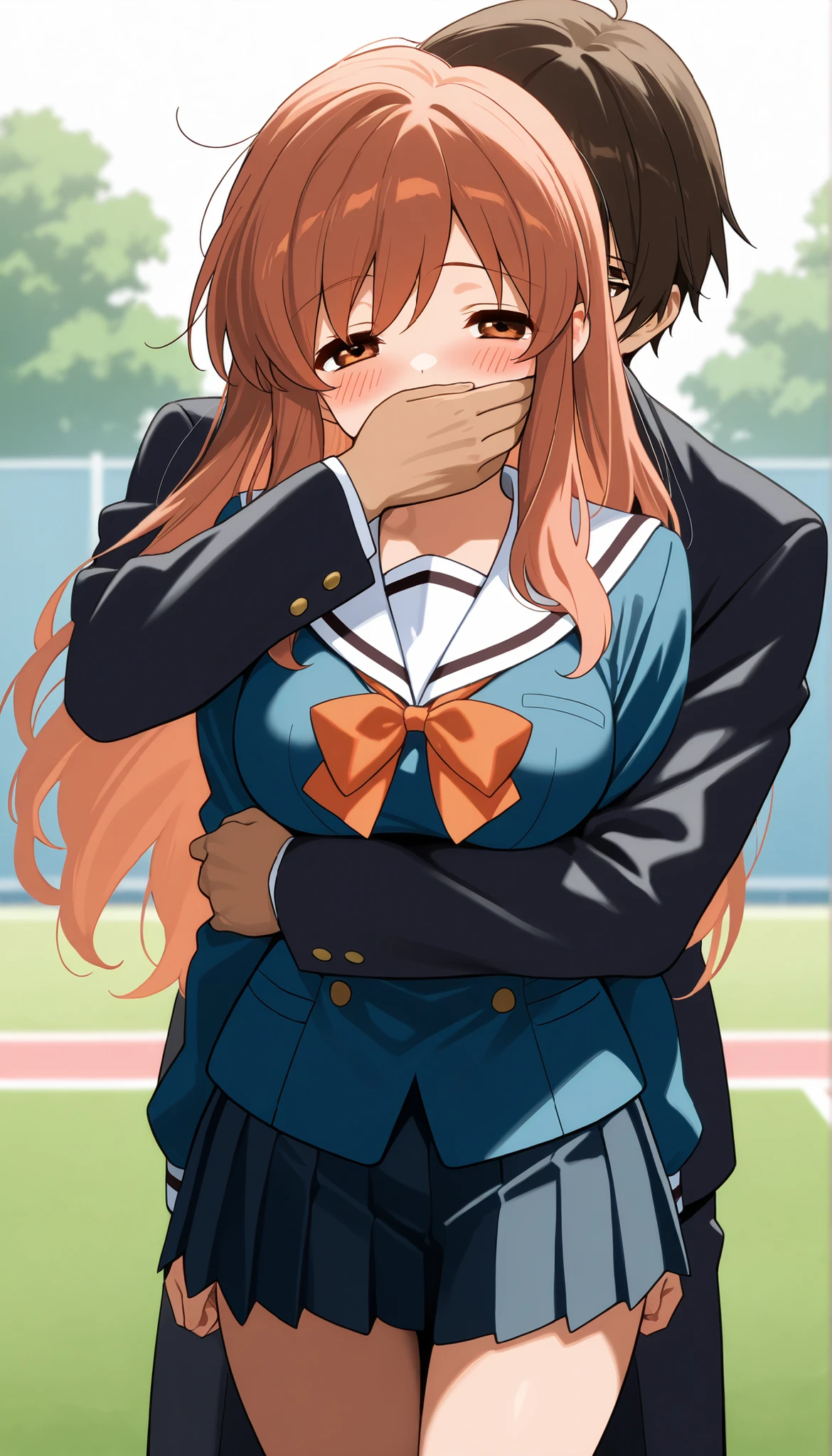 masterpiece, best quality, ultra detailed, highres, 4k, 1girl, score_7_up, score_8_up, score_9, source_anime, high res image, (mikuru asahina), long brown hair, brown eyes, depth of field, medium breasts, short stature, blush, school yard, white sailor uniform top, black pleated miniskirt, sleepy, chcl3, 1boy, grabbing from behind, hand over another's mouth, cover another's mouth with cloth