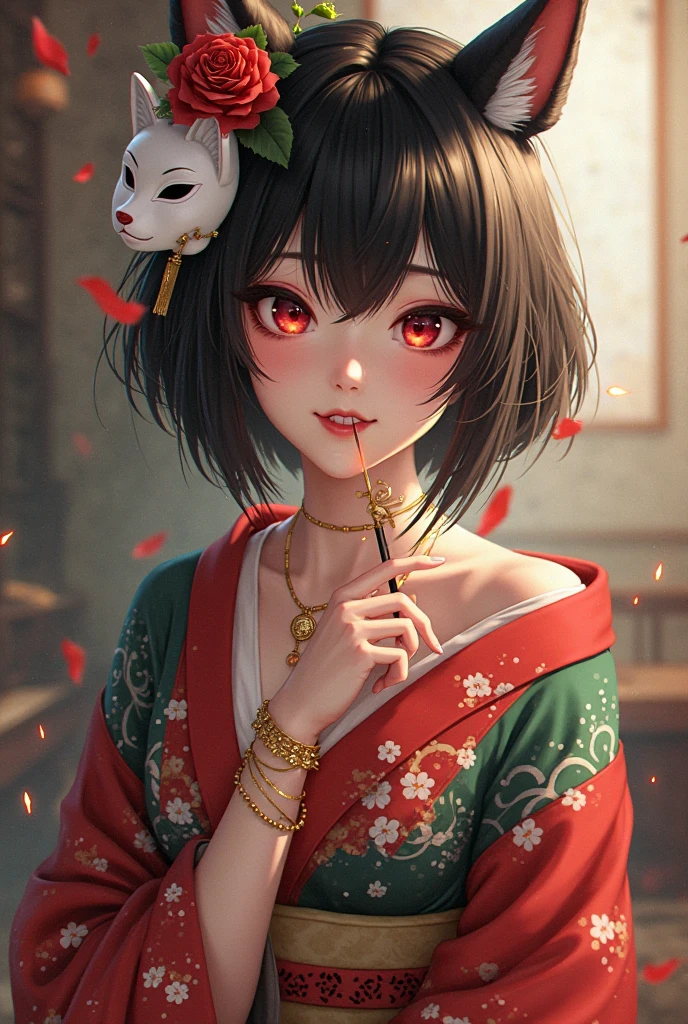  a chic, with Japanese features, short black hair, red eyes, Pink eyeliner, with a red and green Japanese tunic with flowers, with a white fox mask with rose behind her neck, red lips a lotus flower in her hair red nails, with a golden bracelet, an incense on her hand, flirty look, inviting, smiling slightly flirty 