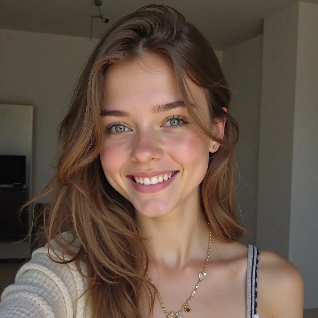 european blonde woman with cute smile wearing pink sweater. Very detailed, 21 years old, innocent face, natural wavy hair, green eyes of realistic size, expressive, with a slight shine that conveys intelligence, curiosity and stands out. Small and delicate nose. Full, well-defined lips, beautiful, white teeth. Light and beautiful smile. It shows that you take care of your body, go to the gym and are healthy, but nothing exaggerated. Athletic but feminine figure, with balanced proportions, medium ass and breasts.