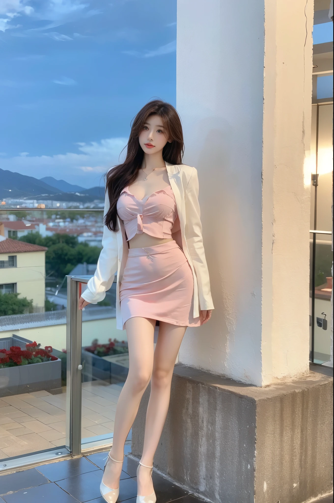 Wedding venue garden,President of import goods sales company,((full body)),((photo)),((best qualtiy, 8K, tmasterpiece:1.3)), Focus:1.2, perfect figure beautiful woman:1.4,1woman,cowboy shot,look at viewer,incredibly absurd, beautiful and cute woman with a photorealistic face, showcasing top-quality craftsmanship, A Japanese woman attending her sister's wedding at a wedding venue, 35 years old, long hair, straight black hair, shiny, silky hair that curls inwards, narrow double eyelids, long eyelashes, pronounced eyebrows, high nose, thin lips, white teeth, bright smile, smooth, honey-colored skin, thin neck, tall, glamorous, slender, F-cup breasts, pale pink suit, knee-length pencil skirt, high heels, diamond earrings and necklace, luxury brand watch, clutch bag, cigar, beautiful, lady-like, pretty older sister, celebrity-like, adult woman, intelligent, calm, kind, playful, sharp-tongued, soothing to those around, refined, elegant, June