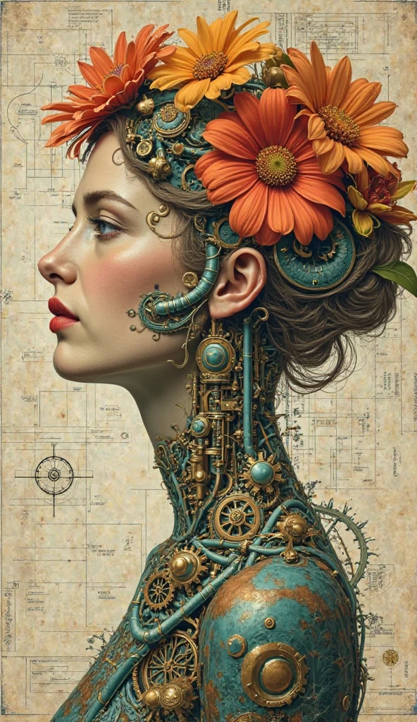 This Art Deco piece features a captivating blend of organic and mechanical elements. The woman’s profile is realistically depicted in soft, muted colors, adorned with vibrant, almost three-dimensional flowers. However, her body is transformed into an intricate mechanism of gears, pipes, and machine components, depicted in rich jewel tones such as turquoise, gold, and bronze. The background features a faded blueprint or engineering drawing, suggesting a blend of nature and technology, or perhaps a representation of the human mind as a complex machine. The overall style is surreal and highly detailed, creating an image that is both visually stunning and thought-provoking. The artist expertly combines seemingly disparate elements to evoke a sense of mystery and wonder. Art Deco touches are evident in the bold geometric shapes and the use of rich, contrasting colors, creating a balance between elegance and modernity.