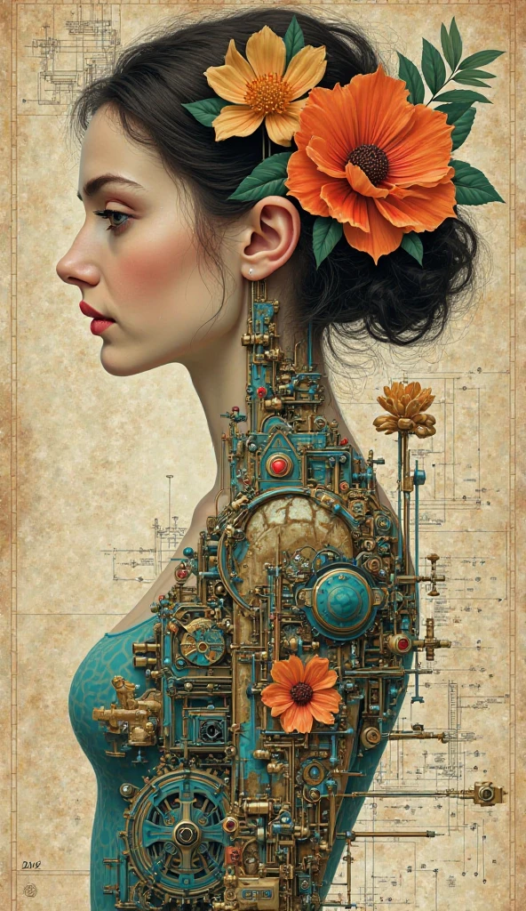This Art Deco piece features a captivating blend of organic and mechanical elements. The woman’s profile is realistically depicted in soft, muted colors, adorned with vibrant, almost three-dimensional flowers. However, her body is transformed into an intricate mechanism of gears, pipes, and machine components, depicted in rich jewel tones such as turquoise, gold, and bronze. The background features a faded blueprint or engineering drawing, suggesting a blend of nature and technology, or perhaps a representation of the human mind as a complex machine. The overall style is surreal and highly detailed, creating an image that is both visually stunning and thought-provoking. The artist expertly combines seemingly disparate elements to evoke a sense of mystery and wonder. Art Deco touches are evident in the bold geometric shapes and the use of rich, contrasting colors, creating a balance between elegance and modernity.