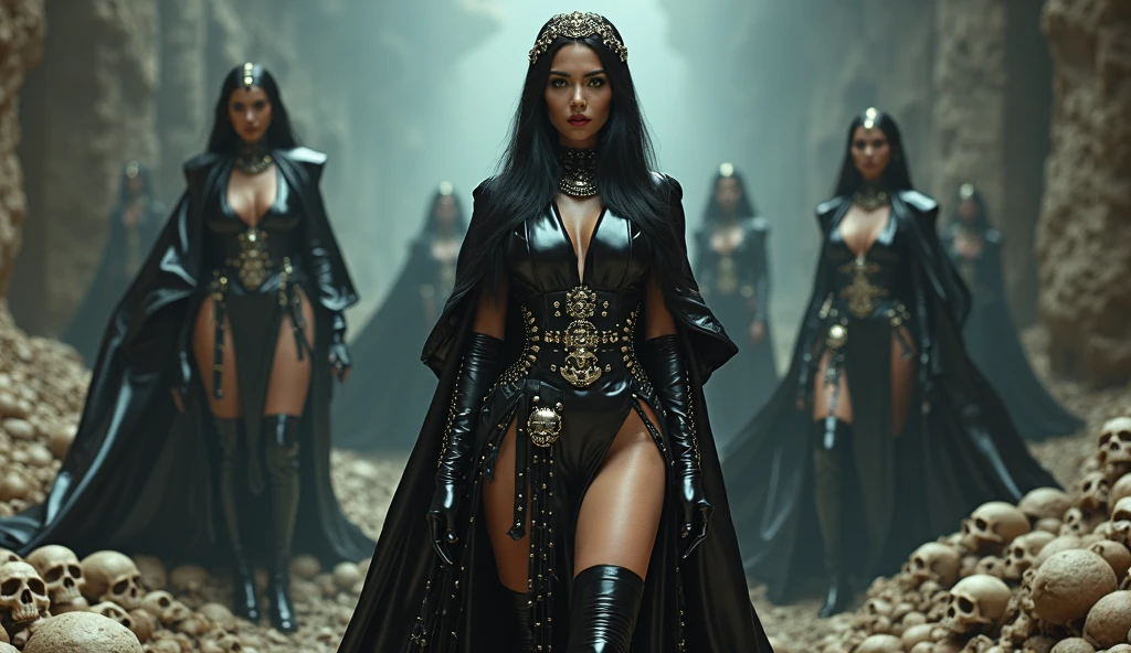 three women dressed in costumes and holding swords and a sword, ornate cosplay, in dark robes with gold accents, inspired by Hedi Xandt, !5 three eyed goddesses, white and gold priestess robes, medieval high fashion, ((a beautiful fantasy empress)), the three moiras, glamourous cosplay, killstar, a beautiful fantasy empress