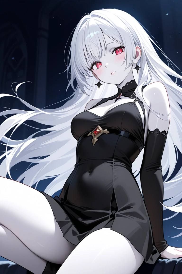 highest quality、masterpiece、1 girl、gray background、marble、gray hair:1.5、red eyes、red lips、white clothes、white bodysuit、、messy hair、Black and white world、Black and white world、pale skin、night time、full moon、