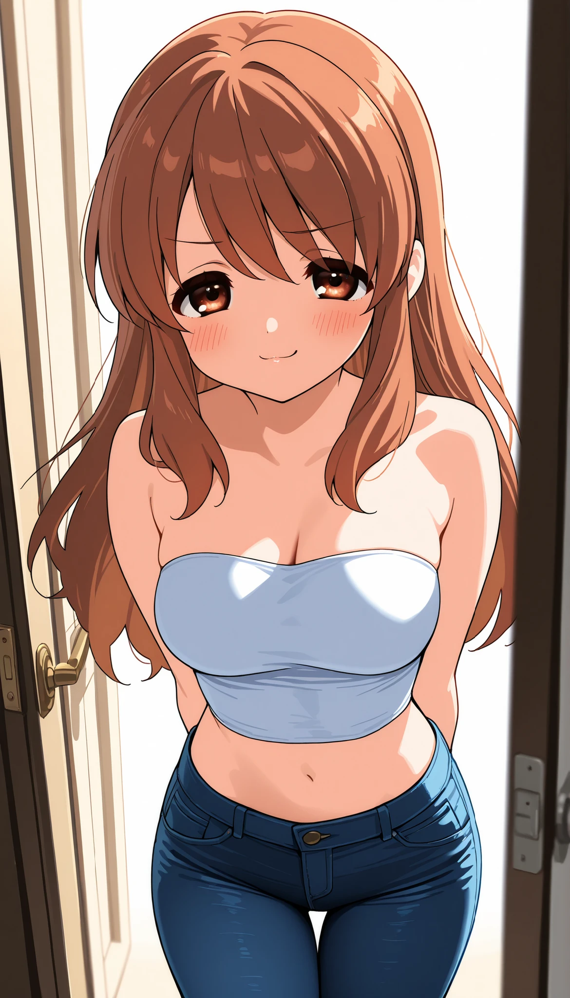 masterpiece, best quality, ultra detailed, highres, 4k, 1girl, score_7_up, score_8_up, score_9, source_anime, high res image, (mikuru asahina), long brown hair, brown eyes, depth of field, medium breasts, short stature, blush, light smile, teasing, smug, arms behind her back, open door, strapless crop top, tight jeans