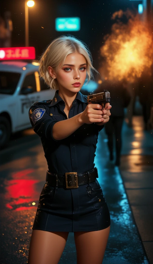 one female, (Police cars), ((Highest quality)), ((masterpiece)), (detailed), ((very detailed face)), High resolution photograph, full body portrait, slim face, pretty woman, (platinum blonde hair), blue eyes, detail eyes, double eyelids, (Beautiful Delicate Eyes and Lips), blurry background, backlight, Good light, (She is on the city streets at night), (A female police officer in her 30s wearing a Los Angeles Police Department uniform, with a police belt that has a gun holster), (She is wearing a   and standing on the street), she is holding a Smith & Wesson Model .29 handgun diagonally in front of her , she is holding the barrel with her left hand and pulling the trigger with her right hand index finger, causing a bullet to fire from the muzzle, ((Muzzle flash and muzzle smoke coming out of the gun)), (flames and sparks coming out of the muzzle), Her expression is serious, conveying confidence and responsibility as a police officer, The background features an urban cityscape with a police vehicle visible in the scene, Gold, it's raining, ((Pointing a gun at the camera)), (()), ((Muzzle Flash)),