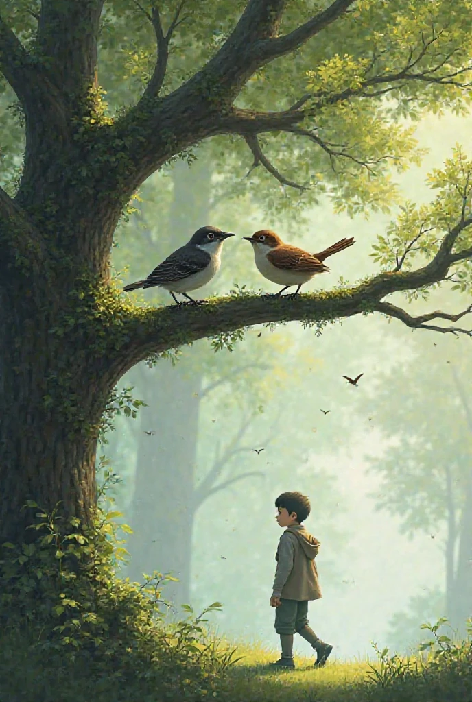 Generate two birds sitting in a tree and watching one preson 