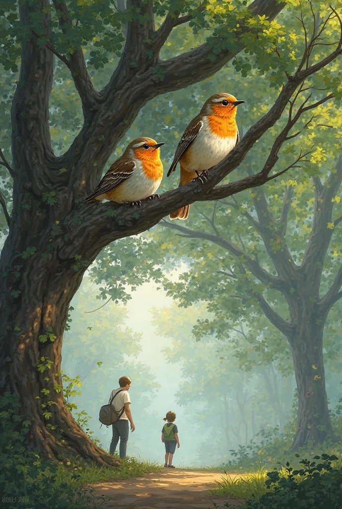 Generate two birds sitting in a tree and watching one preson 