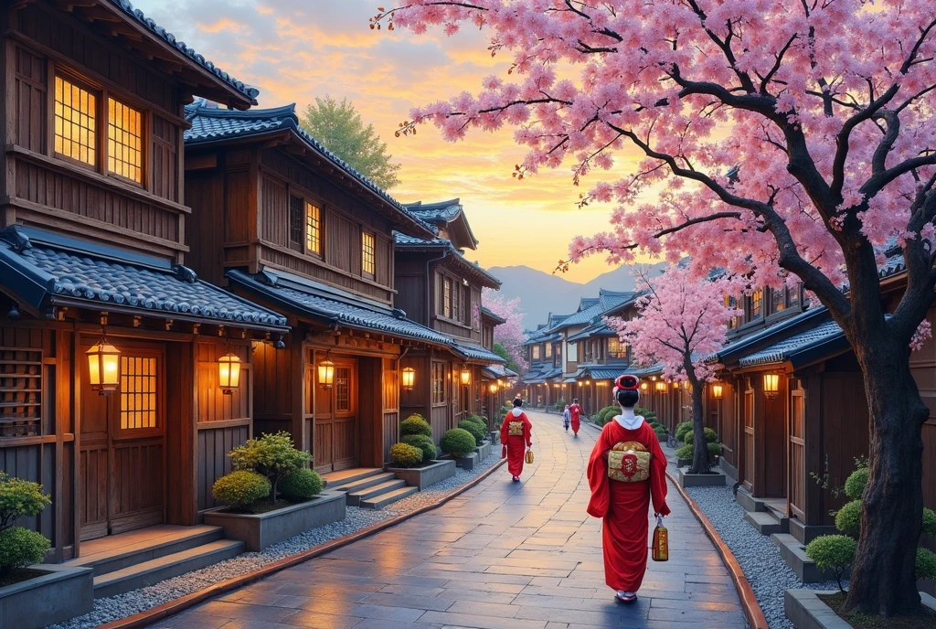"The scene at dusk is set、 Vivid Oil Paintings . traditional wooden townhouses line narrow streets, lanterns are softly leaking through lattice windows. Geisha wearing colorful kimonos walk gracefully on the cobblestones, Cherry trees in full bloom々Surrounded by. that captures the iconic cityscape of Kyoto Gion, warm, The golden sky blends into the soft purple and blue, Thick coated,  Expressive Brush Strokes . The atmosphere is romantic, Timeless, And rich cultural heritage."