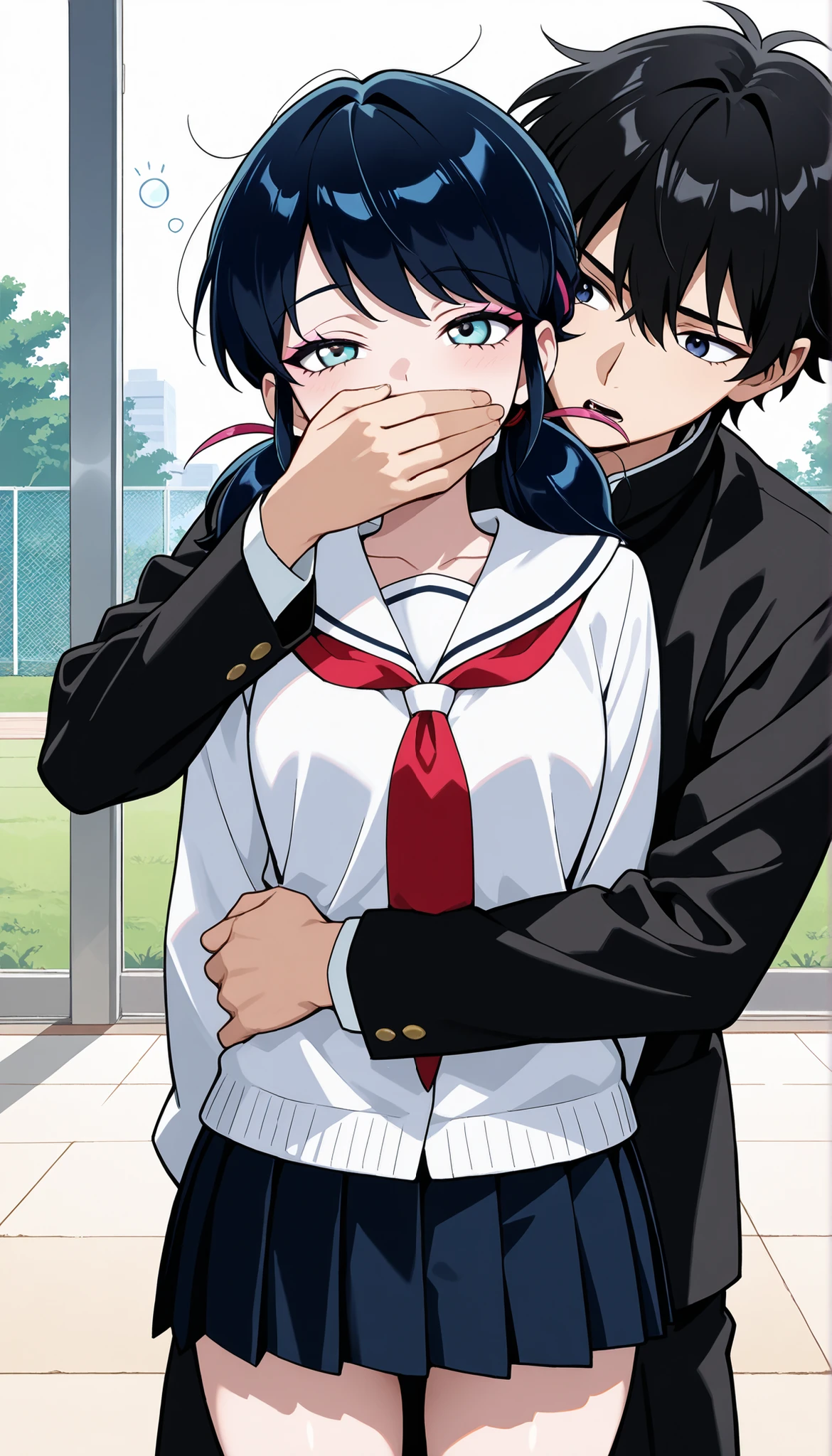 masterpiece, best quality, ultra detailed, highres, 4k, multiple girls, score_7_up, score_8_up, score_9, source_anime, high res image, Marinette Dupen-Cheng, bright bluebell eyes, shoulder-length black hair with blue reflections tied back in pigtails, light pink lips, fair skin, slender, tsurime, aged up, 1girl, sleepy, school yard, white sailor uniform top, black pleated miniskirt, chcl3, 1boy, grabbing from behind, hand over another's mouth, (cover another's mouth with cloth)