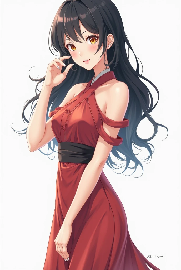 (obra-prima, melhor qualidade:1.4), olhando para o espectador, fringer, {indoor|simple red background},
(cabelo ondulado:0,8), cabelo longo, {cabelo preto}, {tema vermelho},vestido
