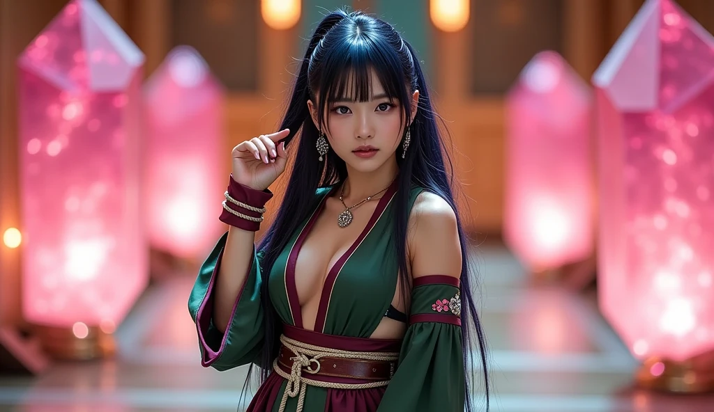 A hyper-realistic portrait of Lady Guren from the anime Naruto, styled for a fashion lookbook YouTube video preview. She stands confidently with one hand on her hip and the other brushing back her long indigo hair, styled in her signature wild, spiky look. Her outfit is a seductive yet elegant reimagining of her classic attire: a short, tight-fitting dark green kimono-style dress with a plunging neckline and side slit revealing her thigh, accented with deep maroon borders and a white crystal flower emblem. The dress is cinched at the waist with a thick rope belt that draws attention to her hourglass figure.

She wears high-heeled maroon sandals, matching long gloves, and delicate silver accessories inspired by ninja aesthetics. Her legs are crossed slightly in a flirtatious pose, and her confident, sultry gaze is directed at the viewer. The background is soft-focused with giant translucent pink crystals glowing behind her, casting subtle reflections and light flares. The lighting is cinematic — soft rim light outlines her curves while warm highlights gently illuminate her skin and hair, giving the image a glossy, editorial finish.

Shot on Kodak Ektar 100 film for ultra-rich colors and stunning detail, with shallow depth of field, high dynamic range, and studio-quality lighting. Designed as a fashion lookbook cover, this image captures both the sensuality and strength of Lady Guren in a captivating, stylized Naruto universe setting.