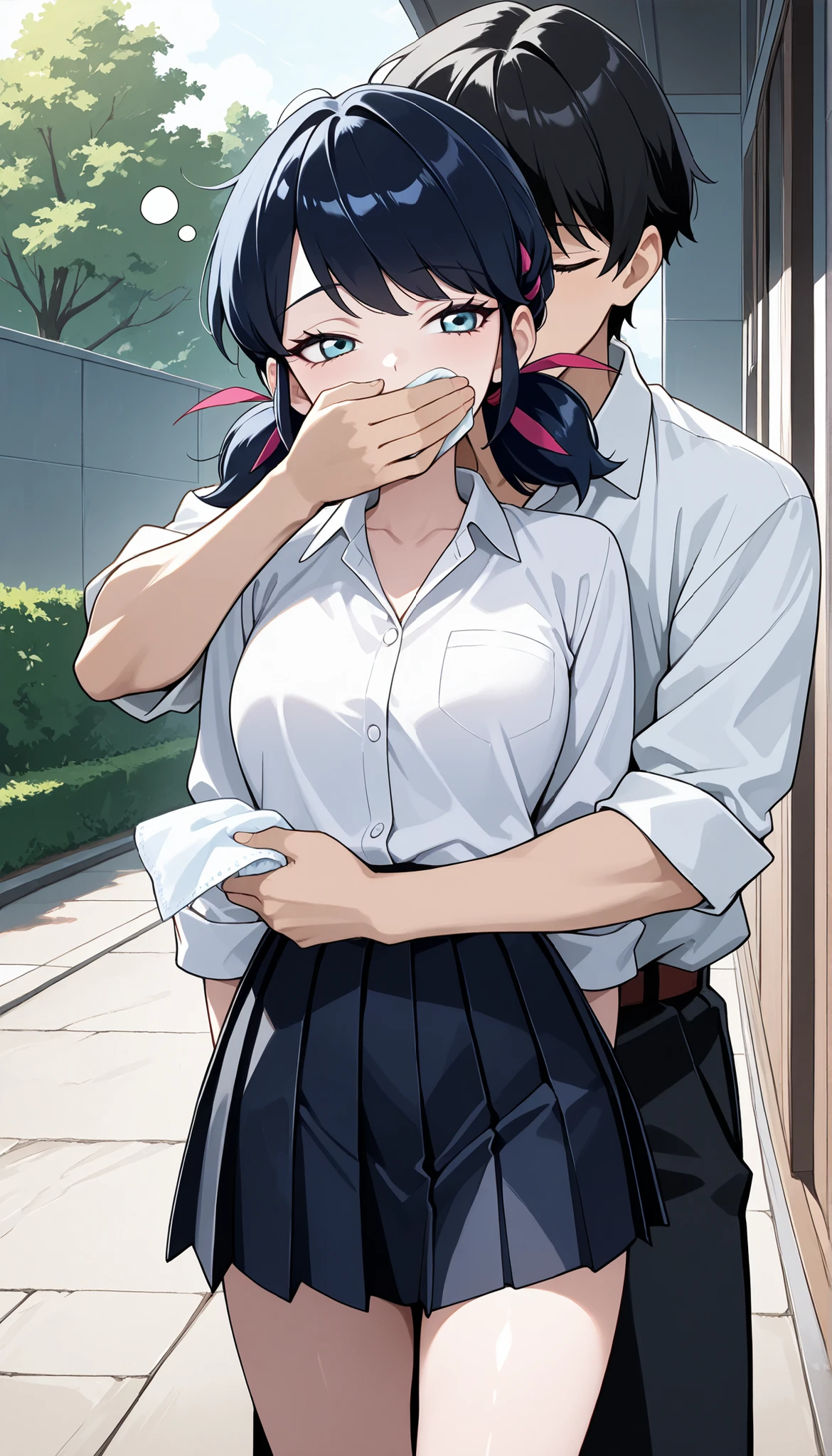 masterpiece, best quality, ultra detailed, highres, 4k, multiple girls, score_7_up, score_8_up, score_9, source_anime, high res image, Marinette Dupen-Cheng, bright bluebell eyes, shoulder-length black hair with blue reflections tied back in pigtails, light pink lips, fair skin, slender, tsurime, aged up, 1girl, sleepy, school yard, white button-up collared shirt, black pleated miniskirt, chcl3, 1boy, grabbing from behind, hand over another's mouth, (cover another's mouth with cloth)