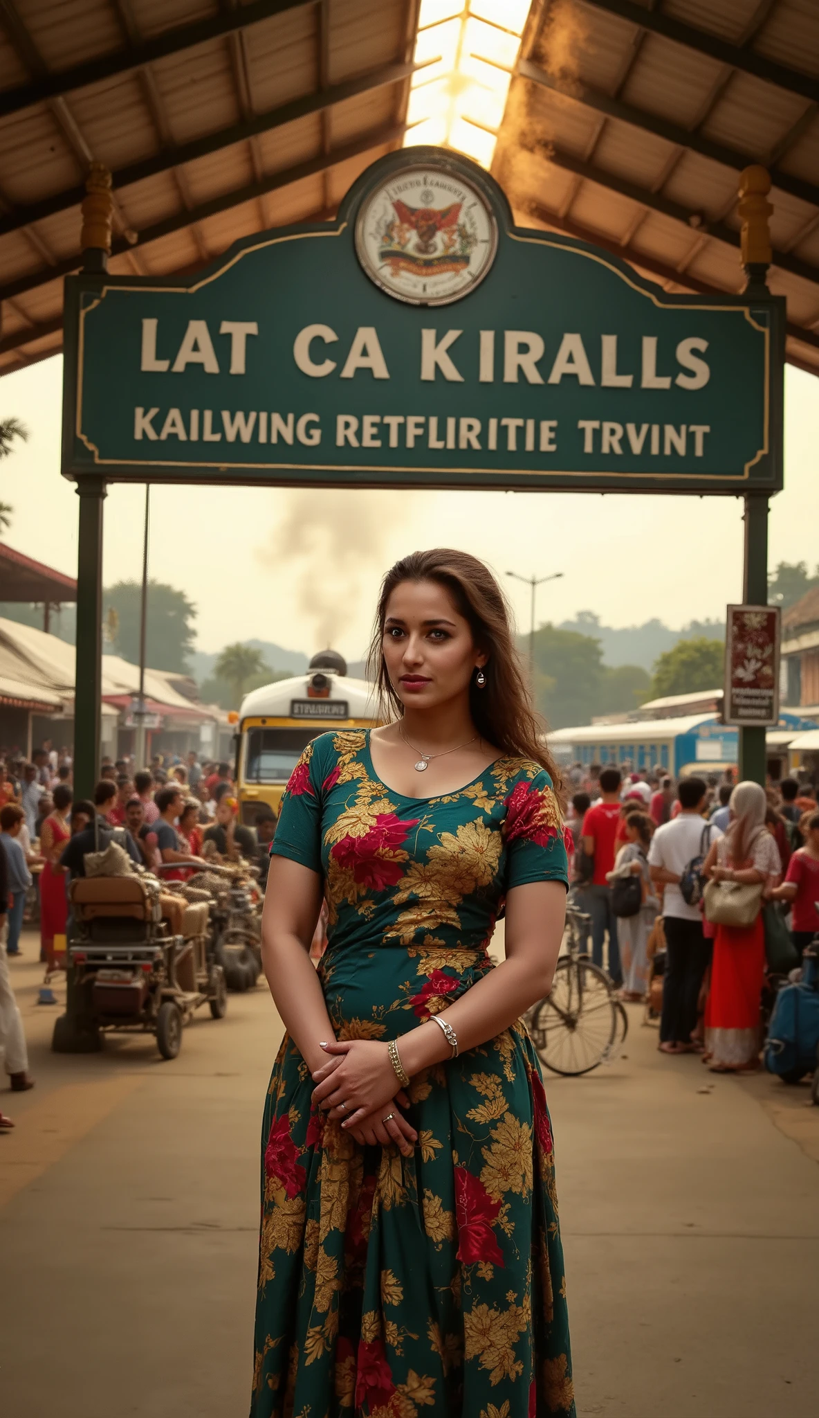 Generate image "A cinematic scene of a woman resembling Dani Daniels standing confidently at a bustling railway station in Kerala, India. The station is full of life — crowds of people moving in all directions, colorful saris, luggage stacked high, vendors selling snacks, and the sounds of arriving trains. Behind her, a classic Indian train is pulling into the platform. There's visible traffic outside the station — auto rickshaws, buses, and motorcycles in motion. The atmosphere is warm and slightly humid, with golden sunlight filtering through the station roof. The scene captures a vibrant, real-world energy, with a mix of modern and traditional Kerala."