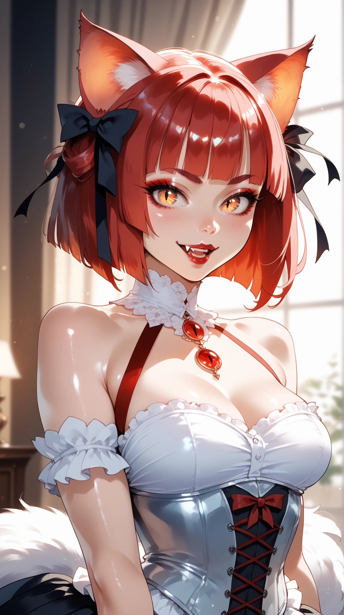 A beautiful girl with short red hair wearing a bunny girl costume, posing in a bedroom with pantyhose, medium chest, and bunny ears, photographed from below, (best quality,8k,highres,masterpiece:1.2),ultra-detailed,(realistic,photorealistic,photo-realistic:1.37), HDR, studio lighting, vivid colors, bokeh, portraits, have sex:1.5, NSFW, pushup