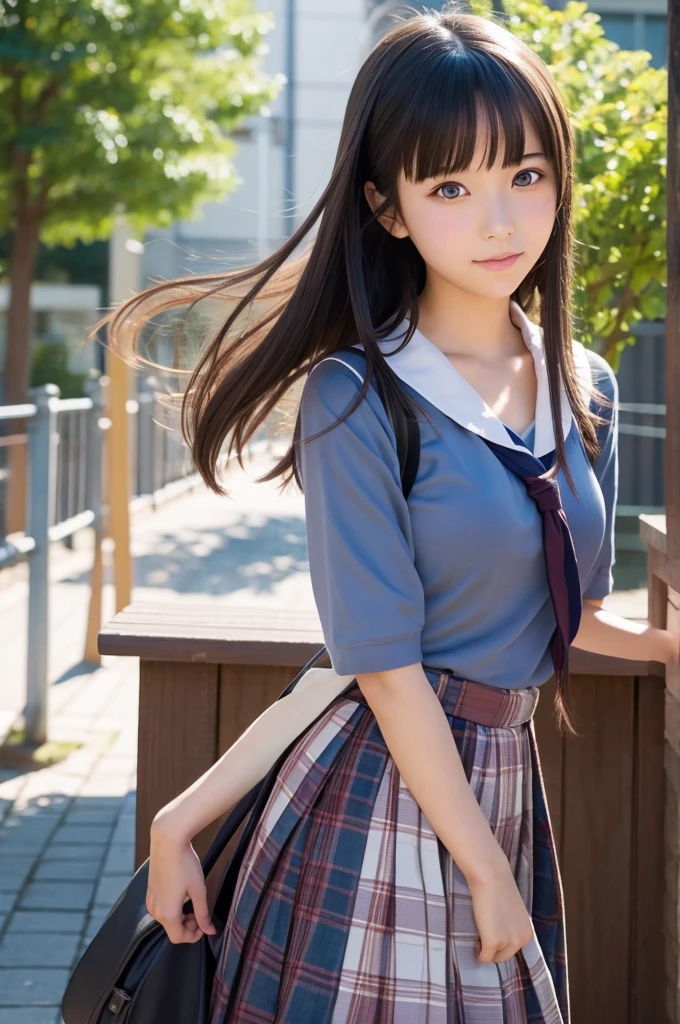 1girl, solo,(best quality),(masterpiece:1.1), full body, looking_at_viewer, dynamic angle, school uniform, cute, clear facial skin,