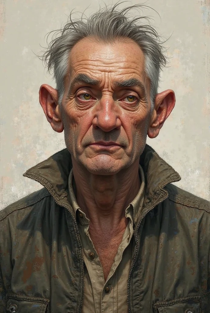 Generate a 50-year-old shorthand with short hair, a crooked nose, a very bulging chin and a hump.