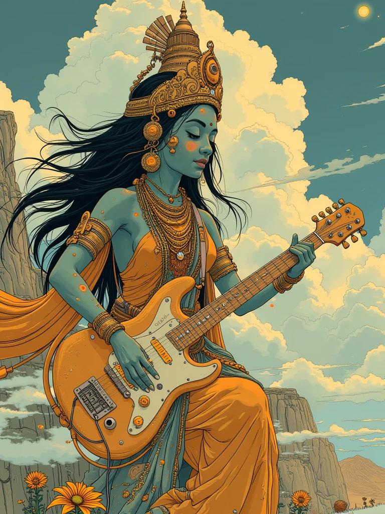 painting of a woman laying on a beach with headphones on, by Jon Foster, martin ansin, goddess. extremely high detail, craig mullins alphonse mucha, martin ansin artwork portrait, karol bak and peter mohrbacher, peter mohrbacher'', mohrbacher, artgerm', moebius and mohrbacher, pencil sketch, realistic strokes