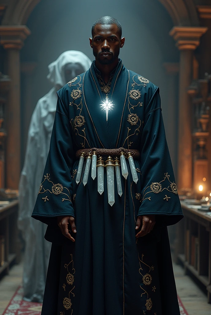 
A dark-skinned male scientist from a medieval fantasy world. He wears a long robe decorated with white mystical symbols. Several slim, glass-like crystal tubes hang from his belt, glowing faintly — each one holding a stored soul memory. Behind him stands a second, faint version of himself — slightly transparent, perfectly mimicking his posture and movement, like a delayed visual reflection made of light. His expression is focused and highly intelligent, his stance calm and dignified. He stands in a mystical study filled with books, symbols, and ancient tools.Character Chart, Cinematic, Hyperrealism, 