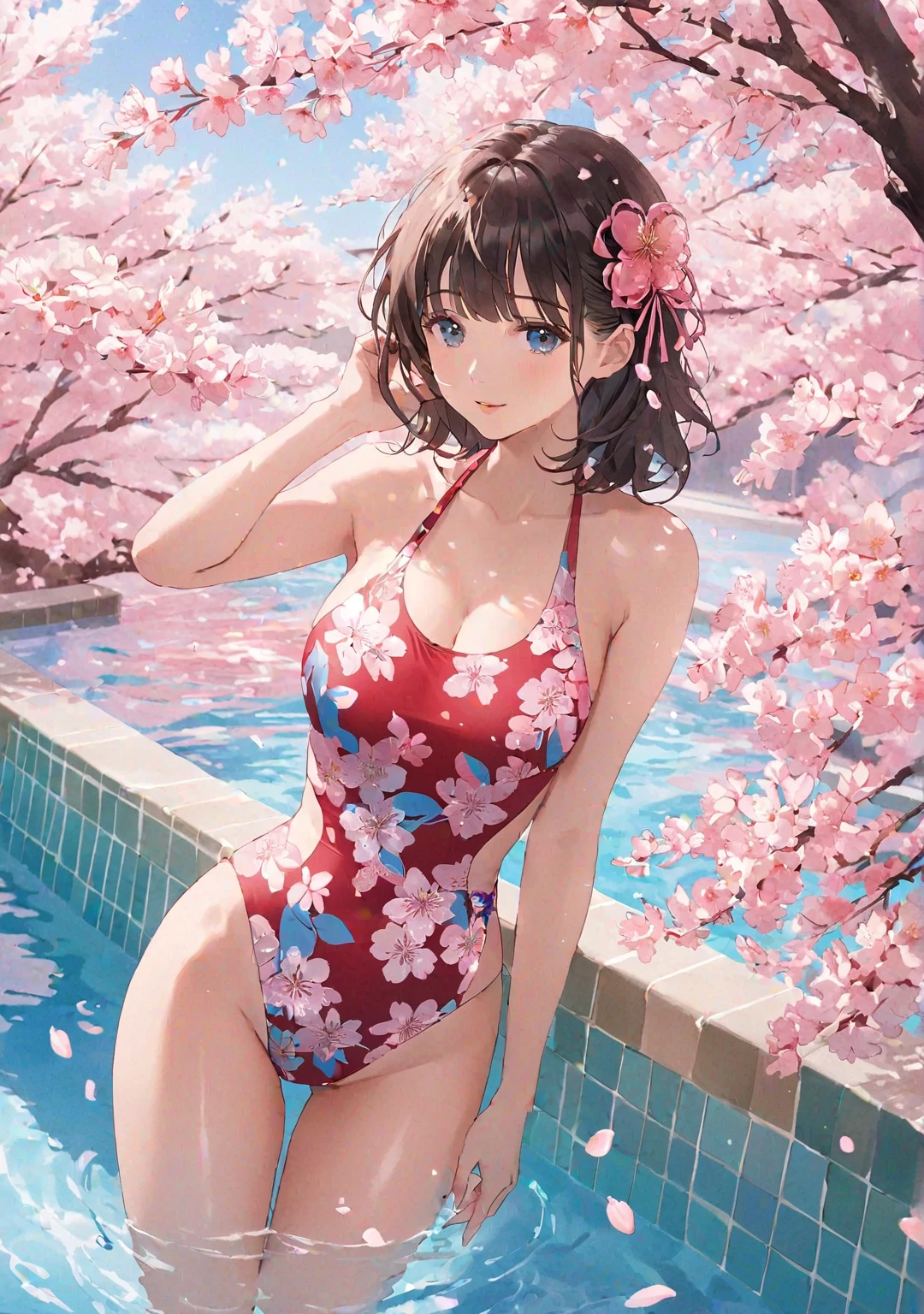 Yumi Fukuzawa、Shiny brown hair,Medium Hair, 、(( , Twin tails、)),Beautiful brown eyes、Sparkling eyes, fine grain、smile、Very fine eye、Very detailed顔, Very detailed目,Cowboy Shot、
(Photorealistic:1.4, 8k), Highest quality, masterpiece, 超High resolution, Perfect dynamic composition,Highest quality, Very detailed, Very delicate and beautiful, High resolution, Very detailedCG, masterpiece,
So cute and beautiful,(Teen),Bikini with red floral pattern,(Very delicate and beautiful face and eyes),(Mid Shot:1.2),
smile,Black Hair,Are standing,Leg details,Dynamic pose,Browsing Caution,share,Dynamic Angle,View your viewers,
Poolside,Flowers in a planter,(Splash),(Highest quality,Tabletop:1.2),High resolution,alone,
Natural light,Hair blowing in the wind,Beautifully detailed skies,
