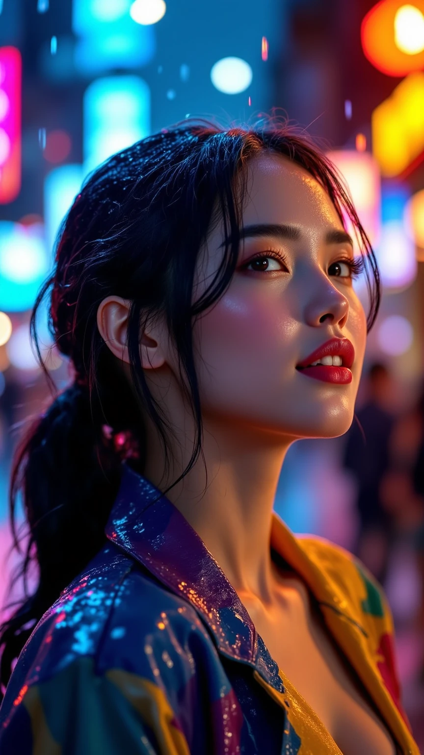 소나기가 내리는 도심의 길거리에 열정적으로 노래를 부르는 female,Wearing colorful leather clothes,Sounds like watching a music video, rain wet clothes ,4K,high res,hyperrealistic,HDR,Professional,clear focus,Vivid Colors,Bokeh effect,female,beautiful face,smile,singing,Wet leather clothes,The sound of rain,street light,Rainy street,cityscape