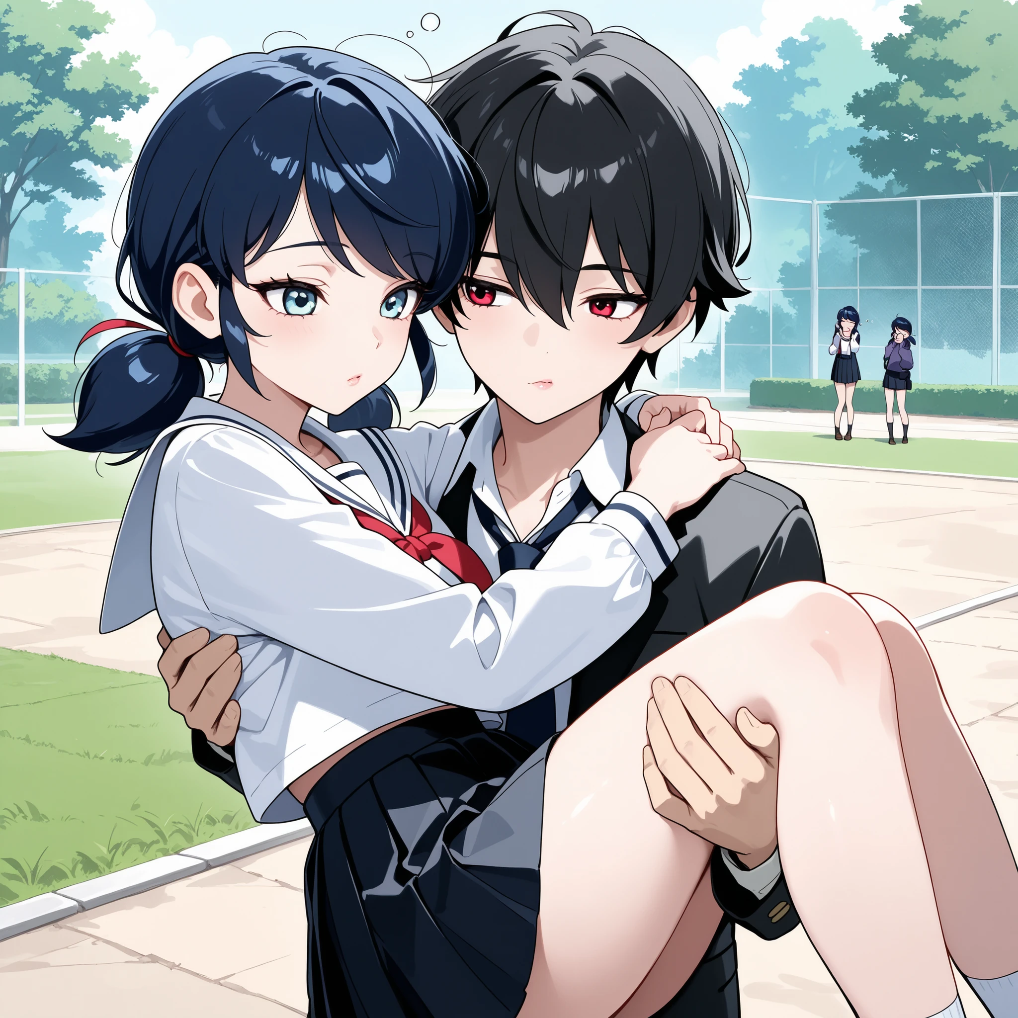 masterpiece, best quality, ultra detailed, highres, 4k, multiple girls, score_7_up, score_8_up, score_9, source_anime, high res image, Marinette Dupen-Cheng, bright bluebell eyes, shoulder-length black hair with blue reflections tied back in pigtails, light pink lips, fair skin, slender, tsurime, aged up, 1girl, 1boy, sleepy, school yard, white sailor uniform top, black pleated miniskirt, sleepy, boy carrying girl, bridal carry, school yard, white sailor uniform top, black pleated miniskirt