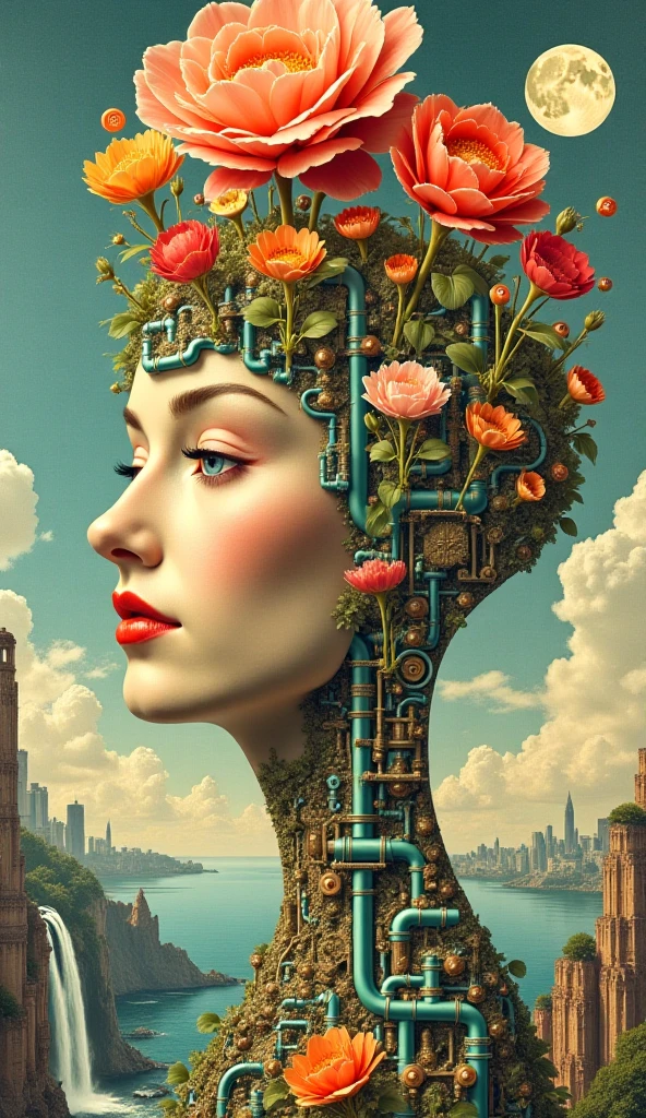 This Art Deco piece features a captivating blend of organic and mechanical elements. Stacked faces, realistically rendered in soft, muted colors, are adorned with vibrant, almost three-dimensional flowers. However, the undersides turn into intricate mechanisms of gears, pipes, and machine components, depicted in rich jewel tones such as turquoise, gold, and bronze. The backgrounds feature faded blueprints or engineering drawings, cascading waterfalls, city silhouettes, and a bright full moon, suggesting a fusion of nature and technology, or perhaps a representation of the human mind as a complex machine. The overall style is surreal and highly detailed, creating an image that is both visually stunning and thought-provoking. The artist expertly blends seemingly disparate elements—organic, mechanical, and landscape—to evoke a sense of mystery, wonder, and depth. Art Deco touches are evident in the bold geometric shapes and the use of rich, contrasting colors, creating a balance between elegance and modernity.