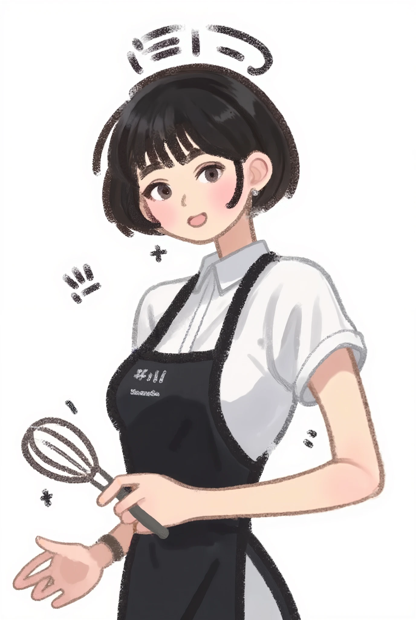 Girl with black short bob hair end to the shoulder,slim figure, wearing croptop, pretty, holding a whisk, wearing apron, white background, standing, face infront,art logo,