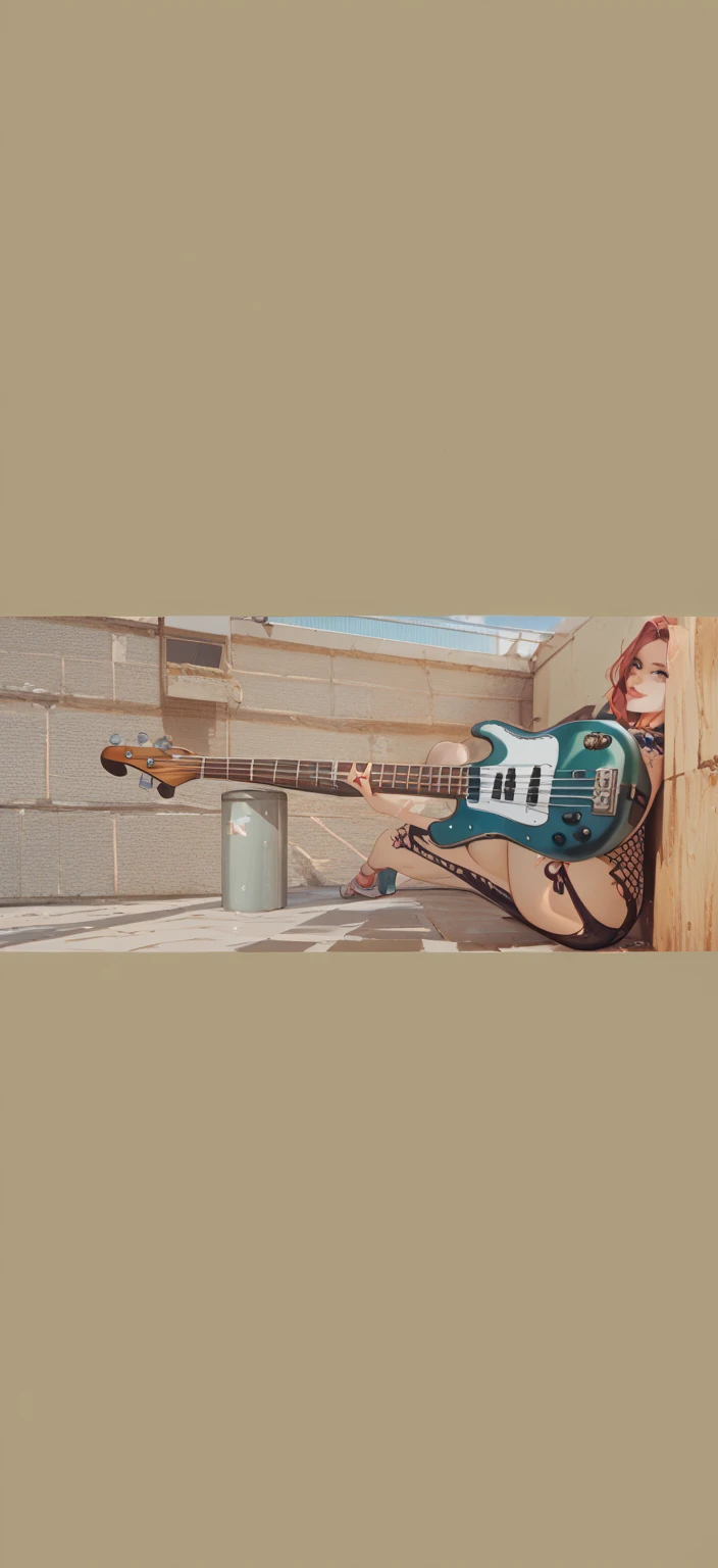 Create an image of a new emotion in fun, bass guitar, cerulean, with a paranoid face
