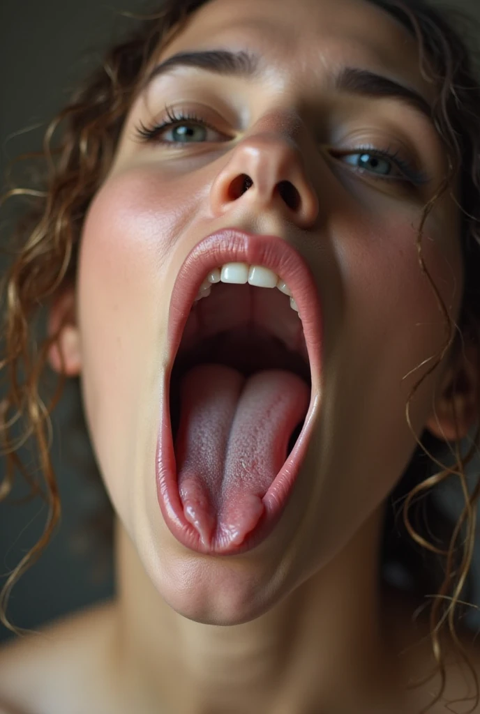 Emma bugg tongue out saliva dripping down,top down POV on the sitting on the floor with her mouth open