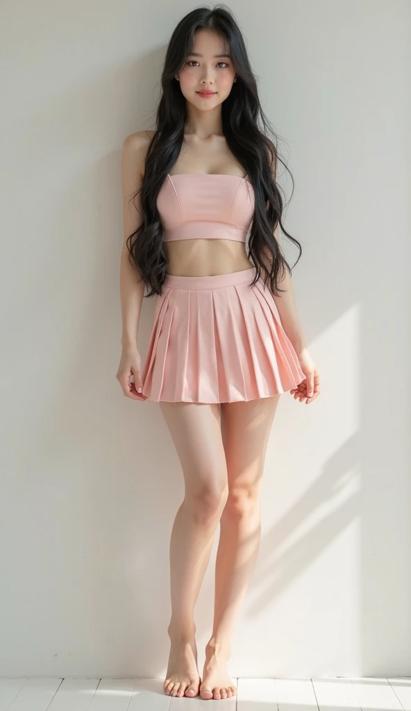 Thin girl wearing Off shoulder one piece skirt type outfit,stockings type leggings,full body view , pink , navel seen ,